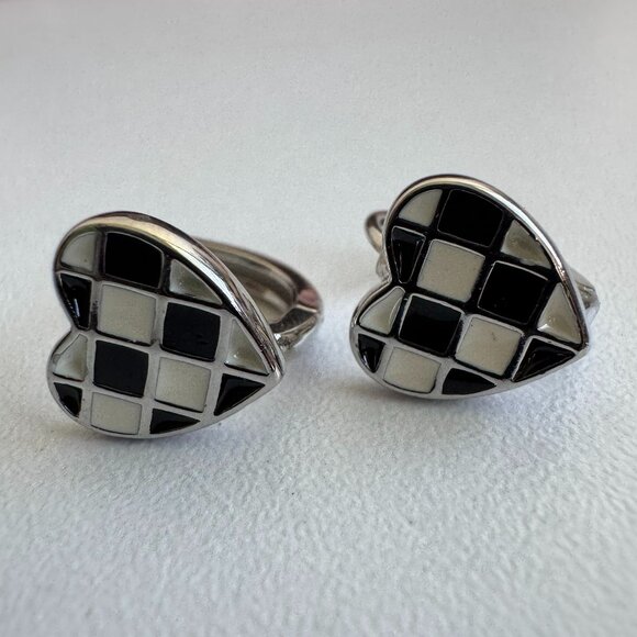 Sterling Silver 925 Heart Huggie Earrings – Checkerboard Design - Picture 1 of 10